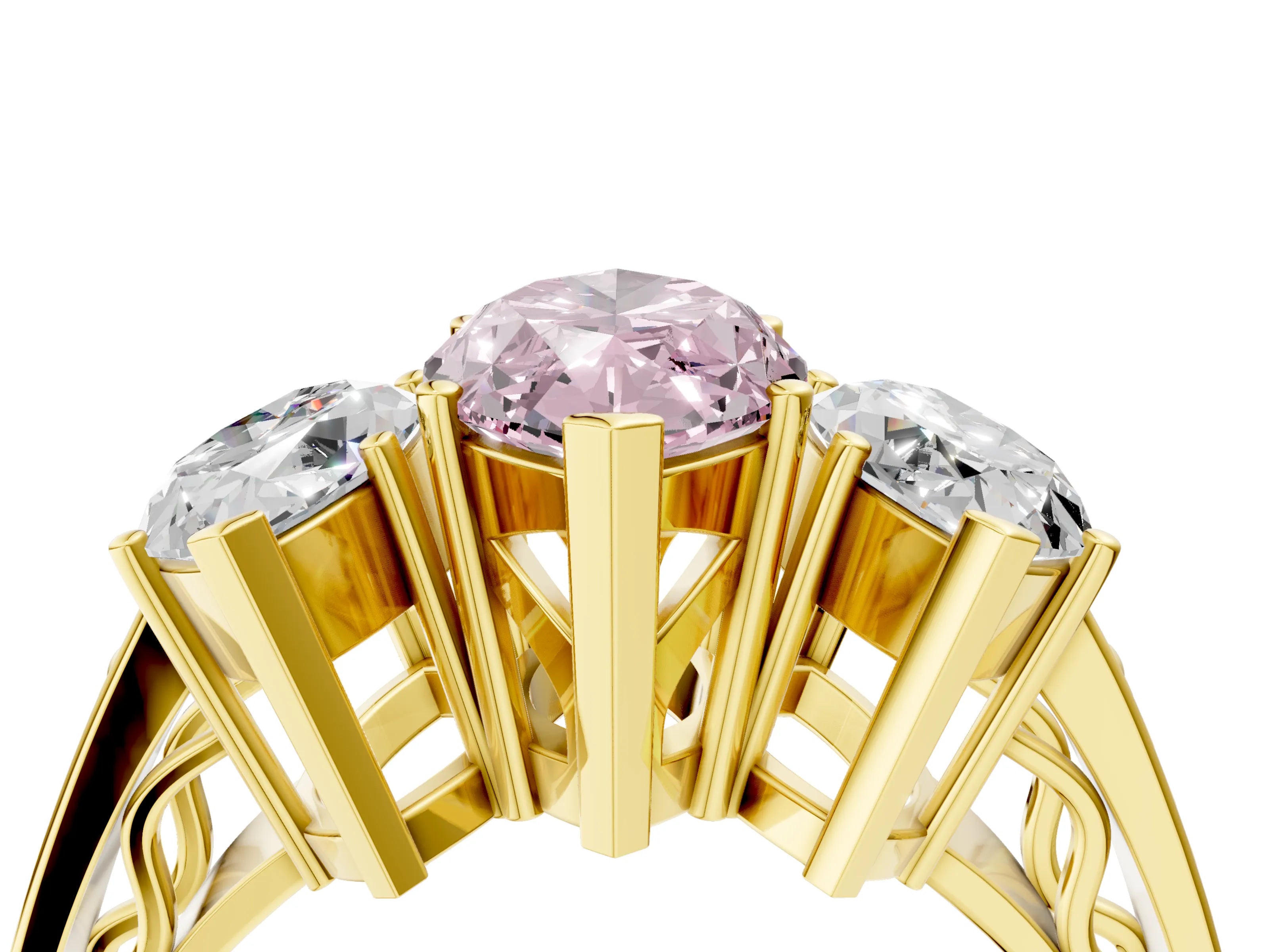 Yellow gold Fancy Pink Marquise Cut Diamond Three-Stone Ring with Prong Setting and Textured Band_4