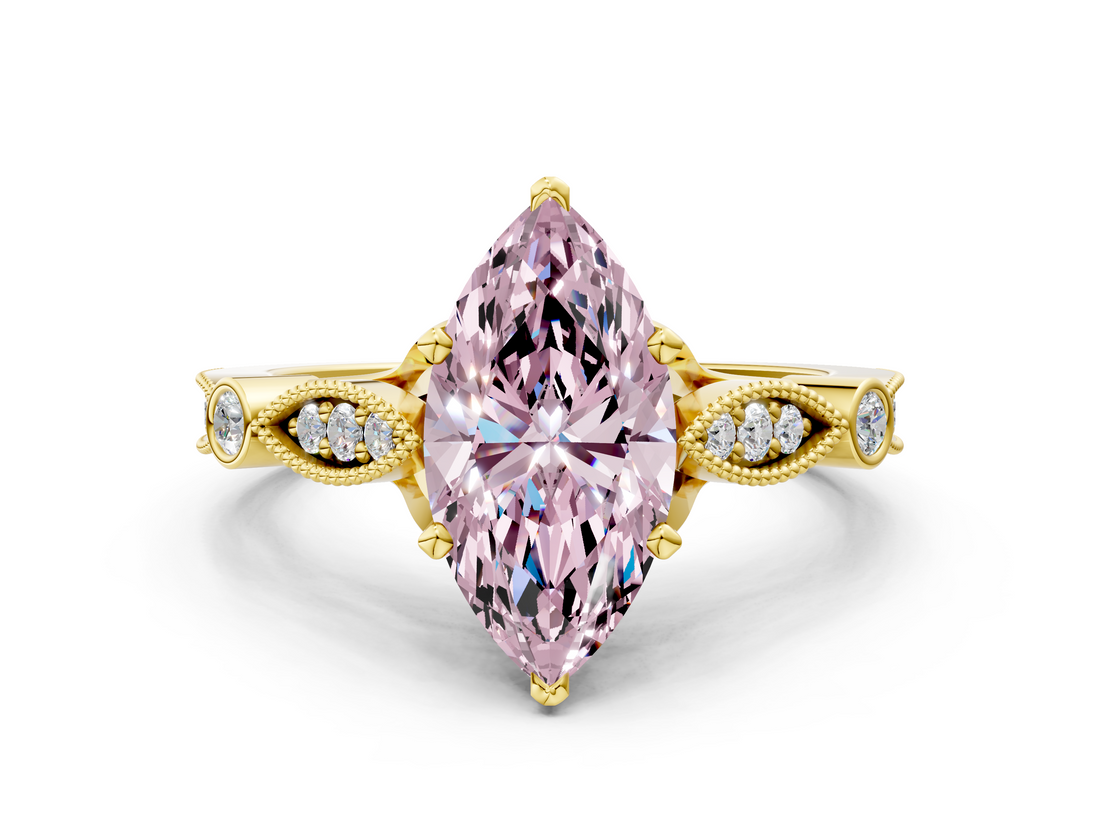 Yellow gold Fancy Pink Marquise  Cut Diamond with Milgrain Marquise and Bezel Accents on a Solitaire Band with Prong Setting_207