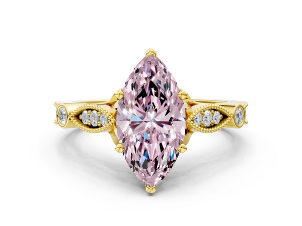 Yellow gold Fancy Pink Marquise  Cut Diamond with Milgrain Marquise and Bezel Accents on a Solitaire Band with Prong Setting