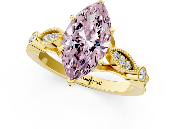 Yellow gold Fancy Pink Marquise  Cut Diamond with Milgrain Marquise and Bezel Accents on a Solitaire Band with Prong Setting