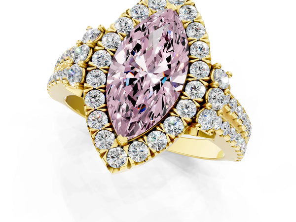 Yellow gold Fancy Pink Marquise  Cut Double Halo Diamond Engagement Ring with Pave Band and Four-Prong Setting