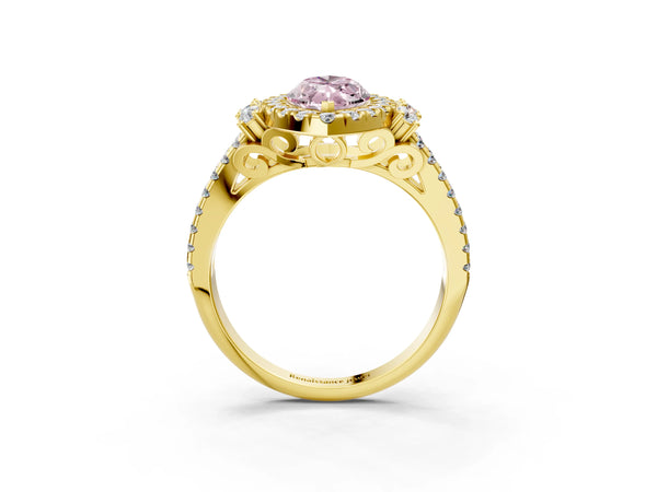 Yellow gold Fancy Pink Marquise  Cut Double Halo Diamond Engagement Ring with Pave Band and Four-Prong Setting