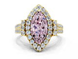 Yellow gold Fancy Pink Marquise  Cut Double Halo Diamond Engagement Ring with Pave Band and Four-Prong Setting