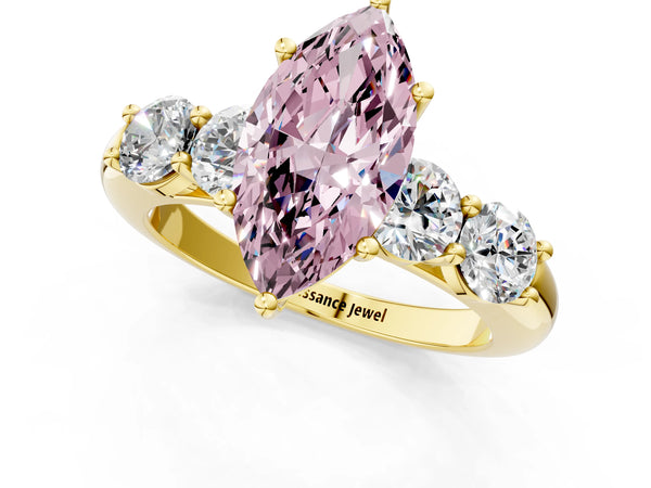 Yellow gold Fancy Pink Marquise  Cut Five-Stone Prong Set Diamond Ring with Classic Band