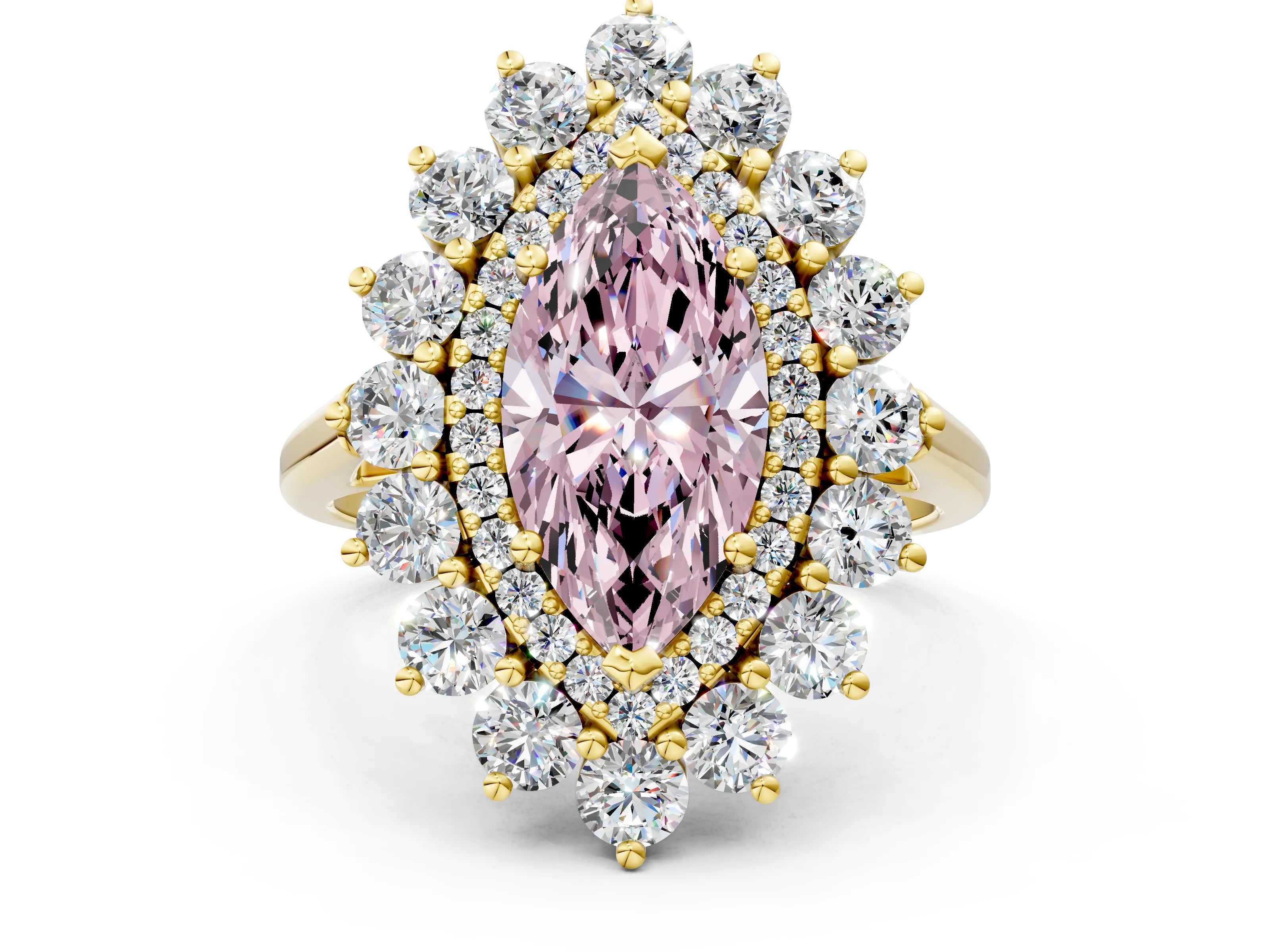 Yellow gold Fancy Pink Marquise Cut Halo Cluster Diamond Ring with Pave Band and Four-Prong Setting