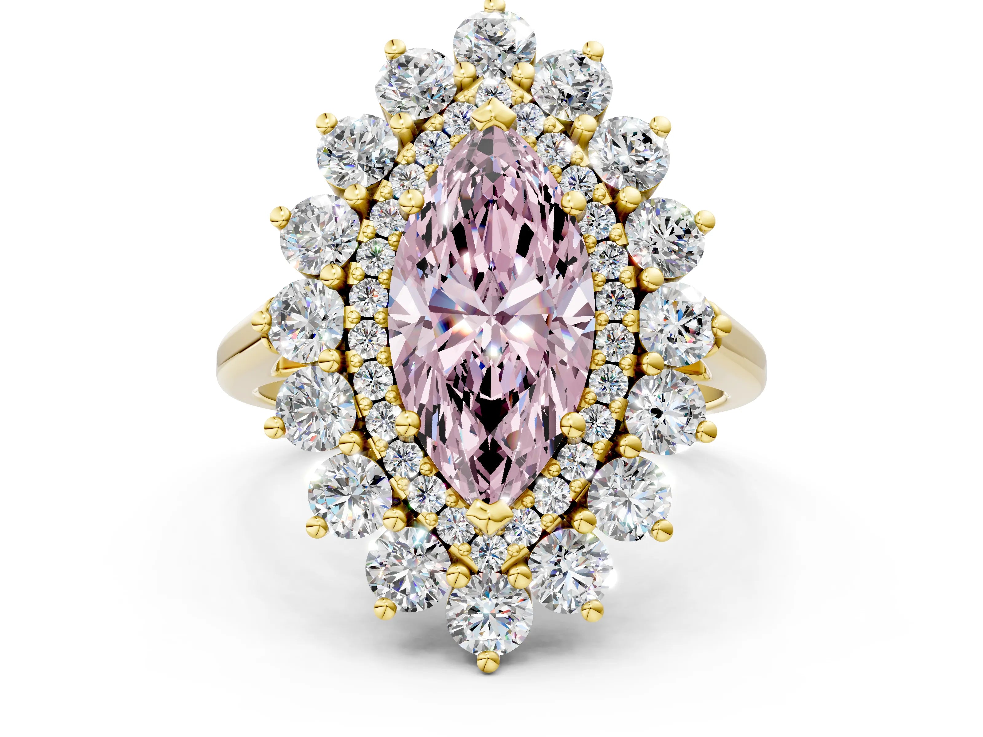 Yellow gold Fancy Pink Marquise Cut Halo Cluster Diamond Ring with Pave Band and Four-Prong Setting_12