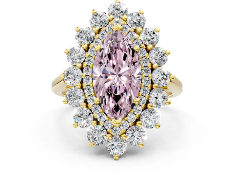 Yellow gold Fancy Pink Marquise Cut Halo Cluster Diamond Ring with Pave Band and Four-Prong Setting_12
