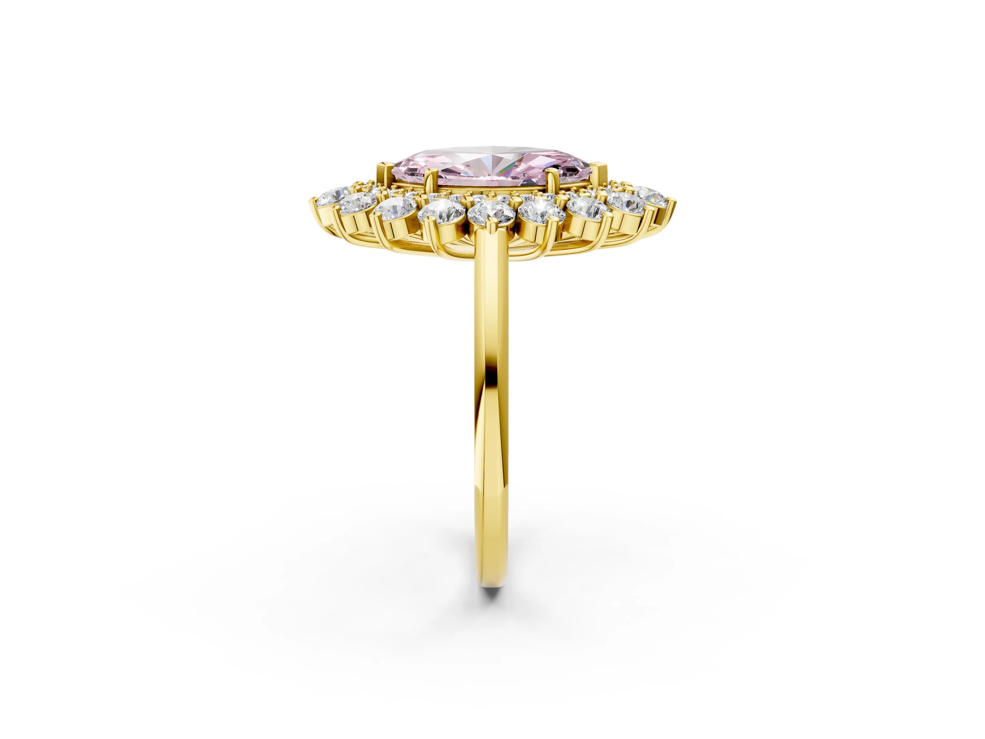 Yellow gold Fancy Pink Marquise Cut Halo Cluster Diamond Ring with Pave Band and Four-Prong Setting_14