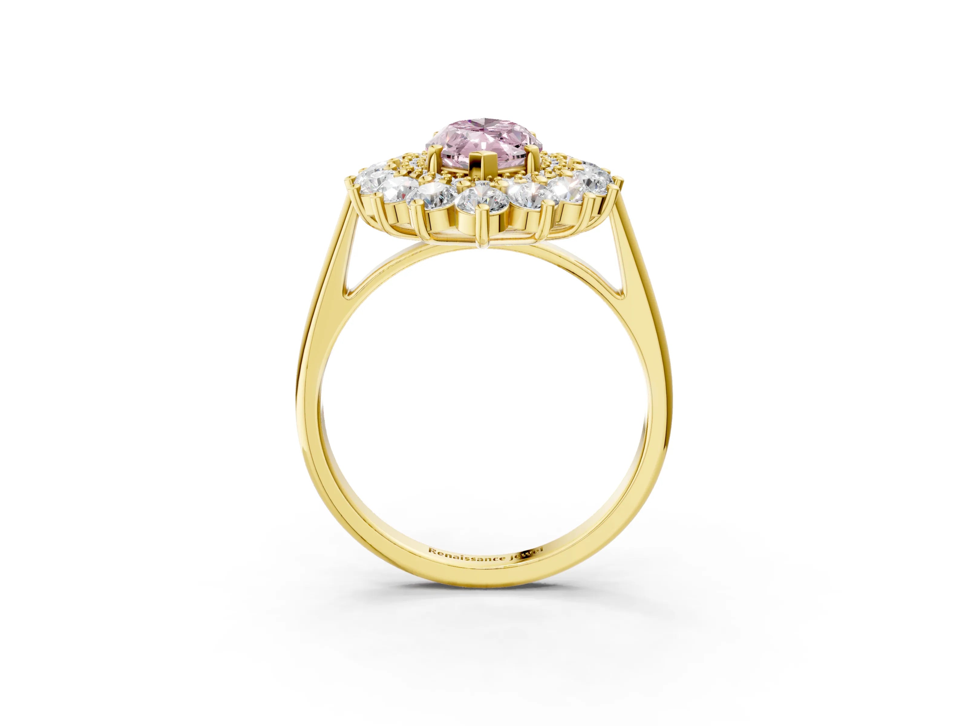 Yellow gold Fancy Pink Marquise Cut Halo Cluster Diamond Ring with Pave Band and Four-Prong Setting_15