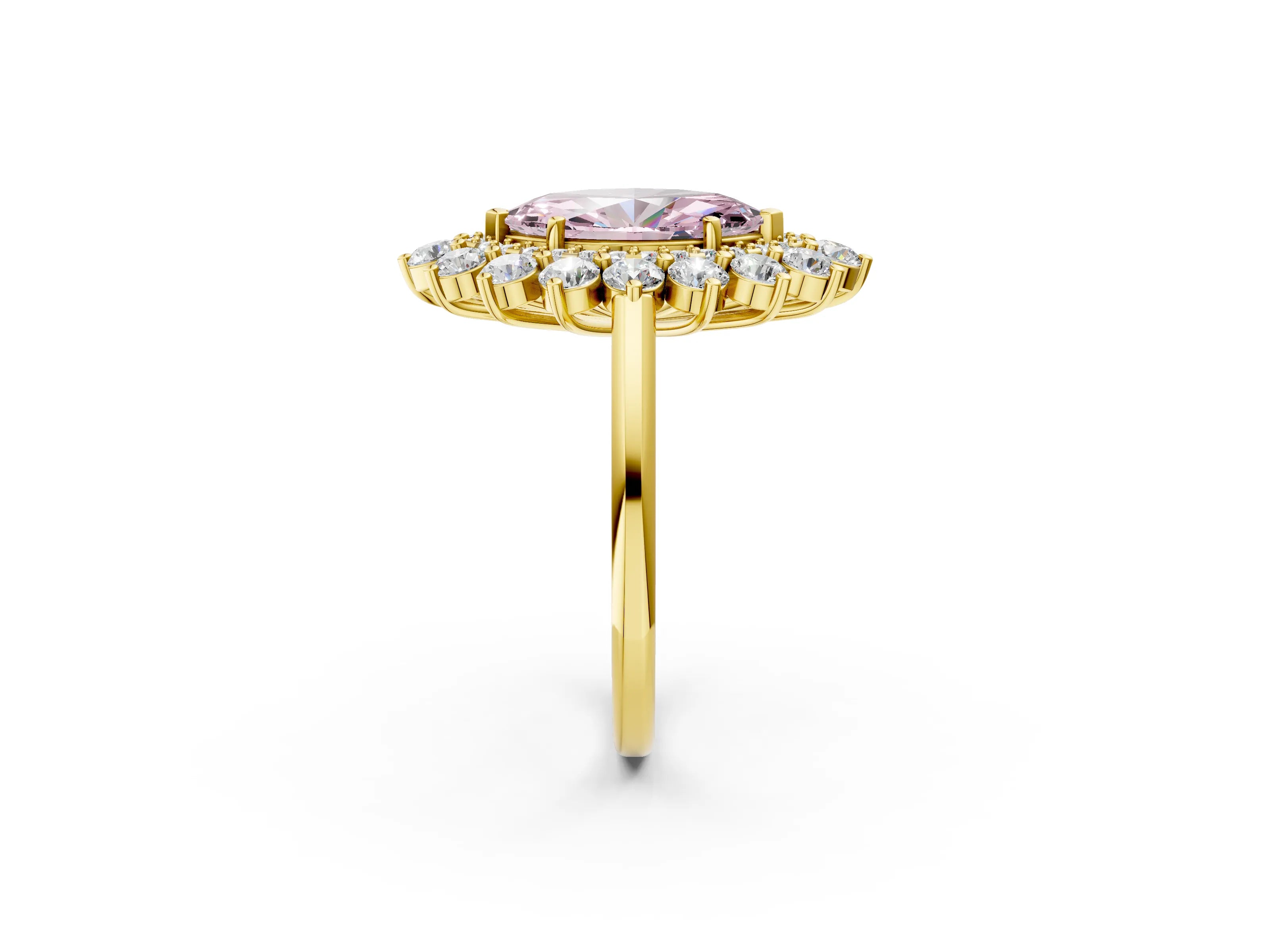 Yellow gold Fancy Pink Marquise Cut Halo Cluster Diamond Ring with Pave Band and Four-Prong Setting_2