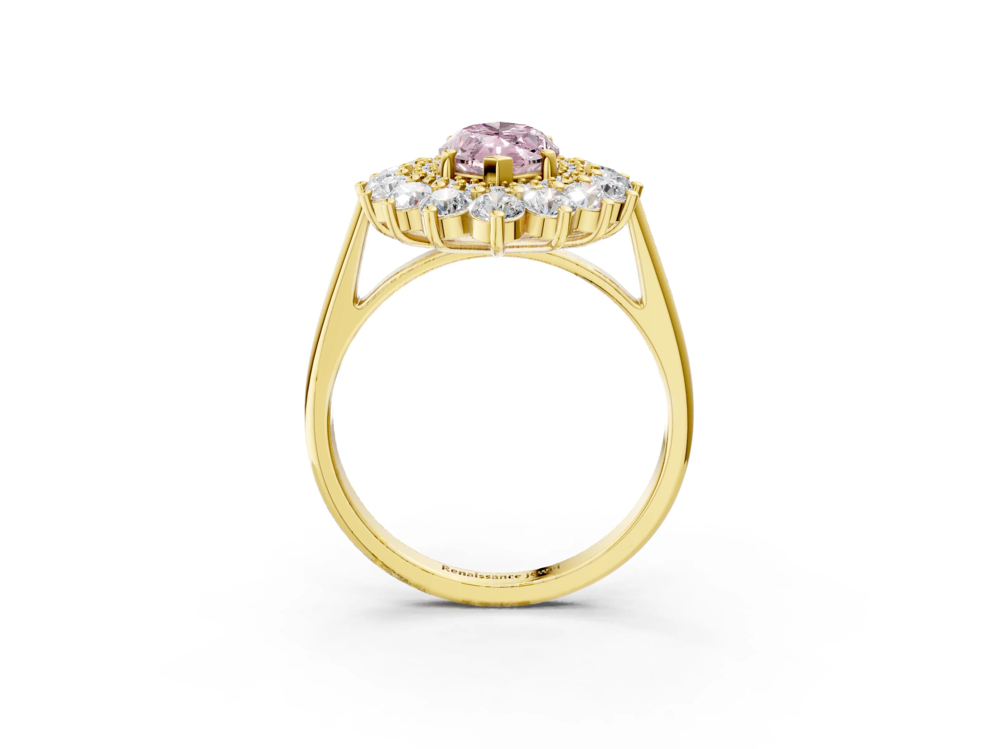 Yellow gold Fancy Pink Marquise Cut Halo Cluster Diamond Ring with Pave Band and Four-Prong Setting_3