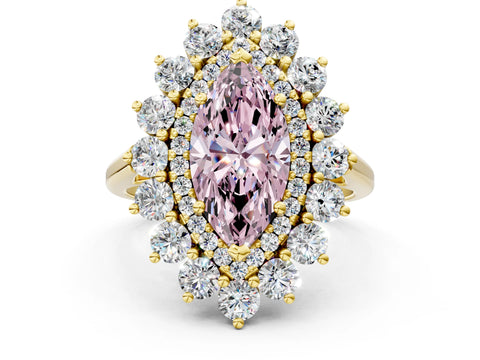 Yellow gold Fancy Pink Marquise Cut Halo Cluster Diamond Ring with Pave Band and Four-Prong Setting