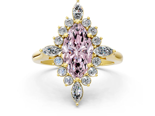 Yellow gold Fancy Pink Marquise Cut Starburst Halo Engagement Ring Setting with Marquise and Round Accents