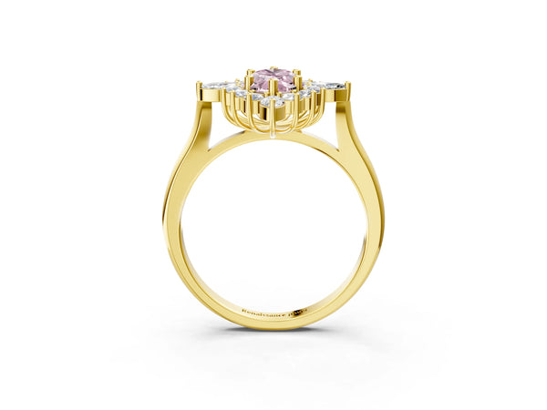 Yellow gold Fancy Pink Marquise Cut Starburst Halo Engagement Ring Setting with Marquise and Round Accents