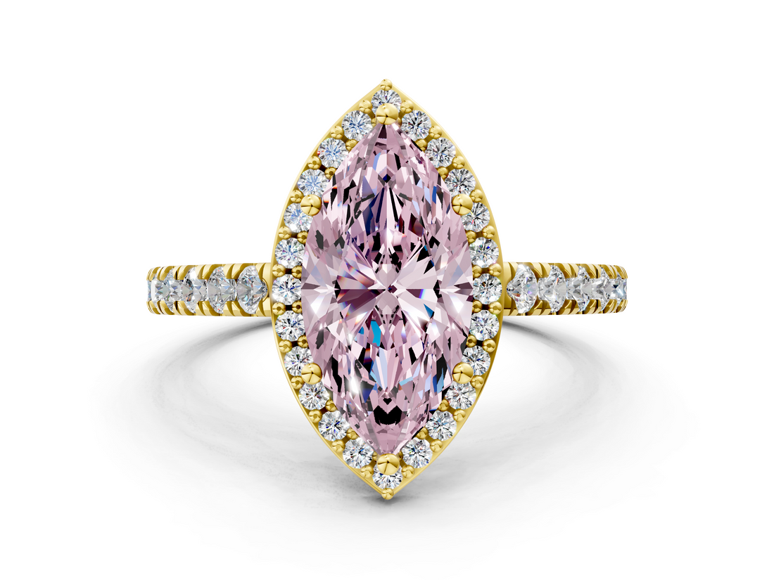 Yellow gold Fancy Pink Marquise  Cut Halo Diamond Engagement Ring with Pave Band and Four-Prong Setting_28