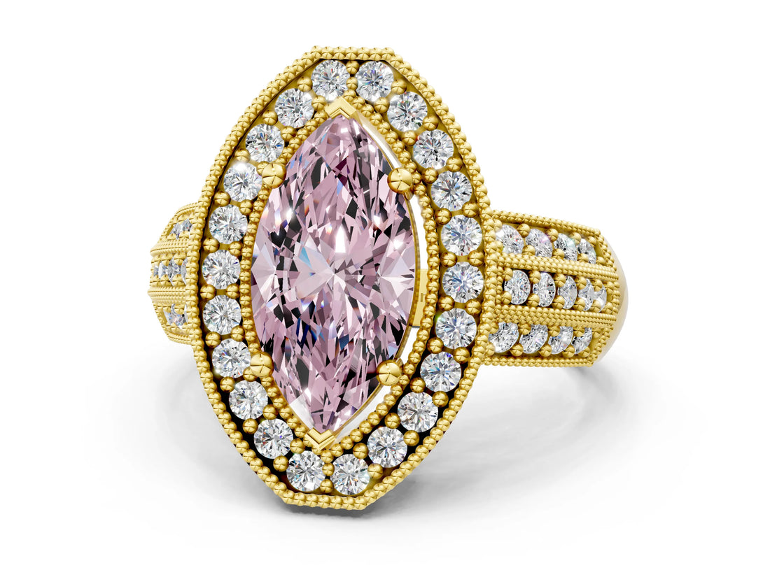 Yellow gold Fancy Pink Marquise Cut Halo Diamond Engagement Ring with Pave Split Shank and Four-Prong Setting