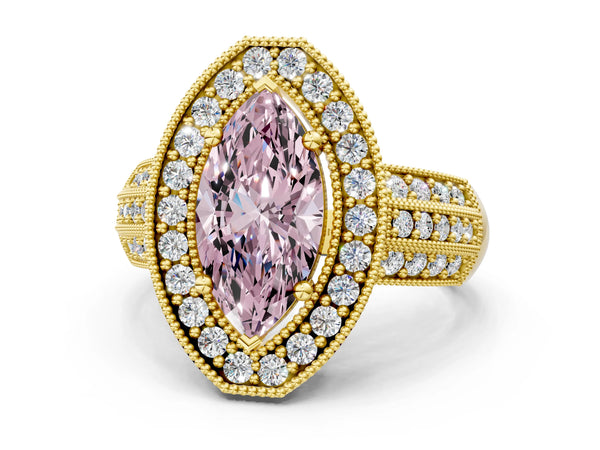 Yellow gold Fancy Pink Marquise Cut Halo Diamond Engagement Ring with Pave Split Shank and Four-Prong Setting
