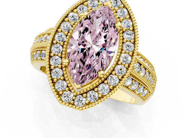 Yellow gold Fancy Pink Marquise Cut Halo Diamond Engagement Ring with Pave Split Shank and Four-Prong Setting
