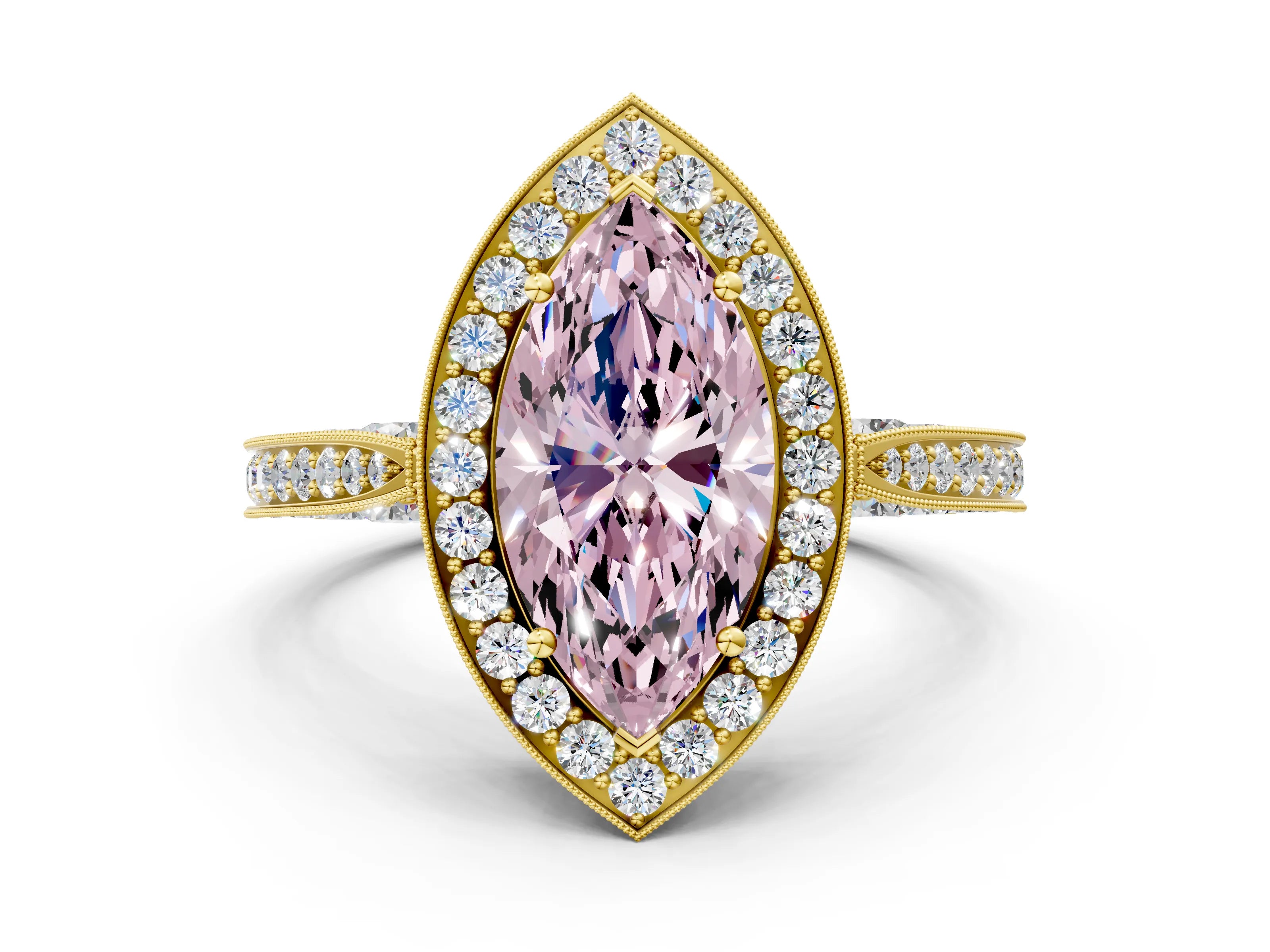 Yellow gold Fancy Pink Marquise Cut Halo Diamond Engagement Ring with Split Shank Band and Four-Prong Setting