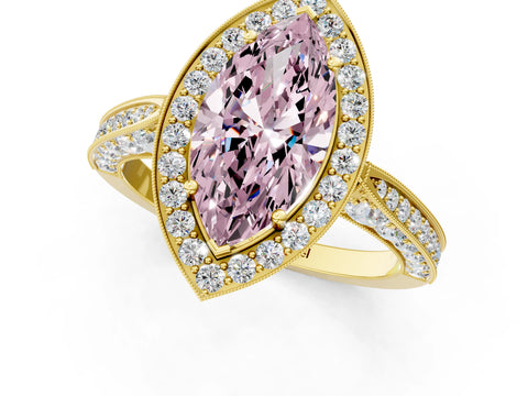 Yellow gold Fancy Pink Marquise Cut Halo Diamond Engagement Ring with Split Shank Band and Four-Prong Setting_1