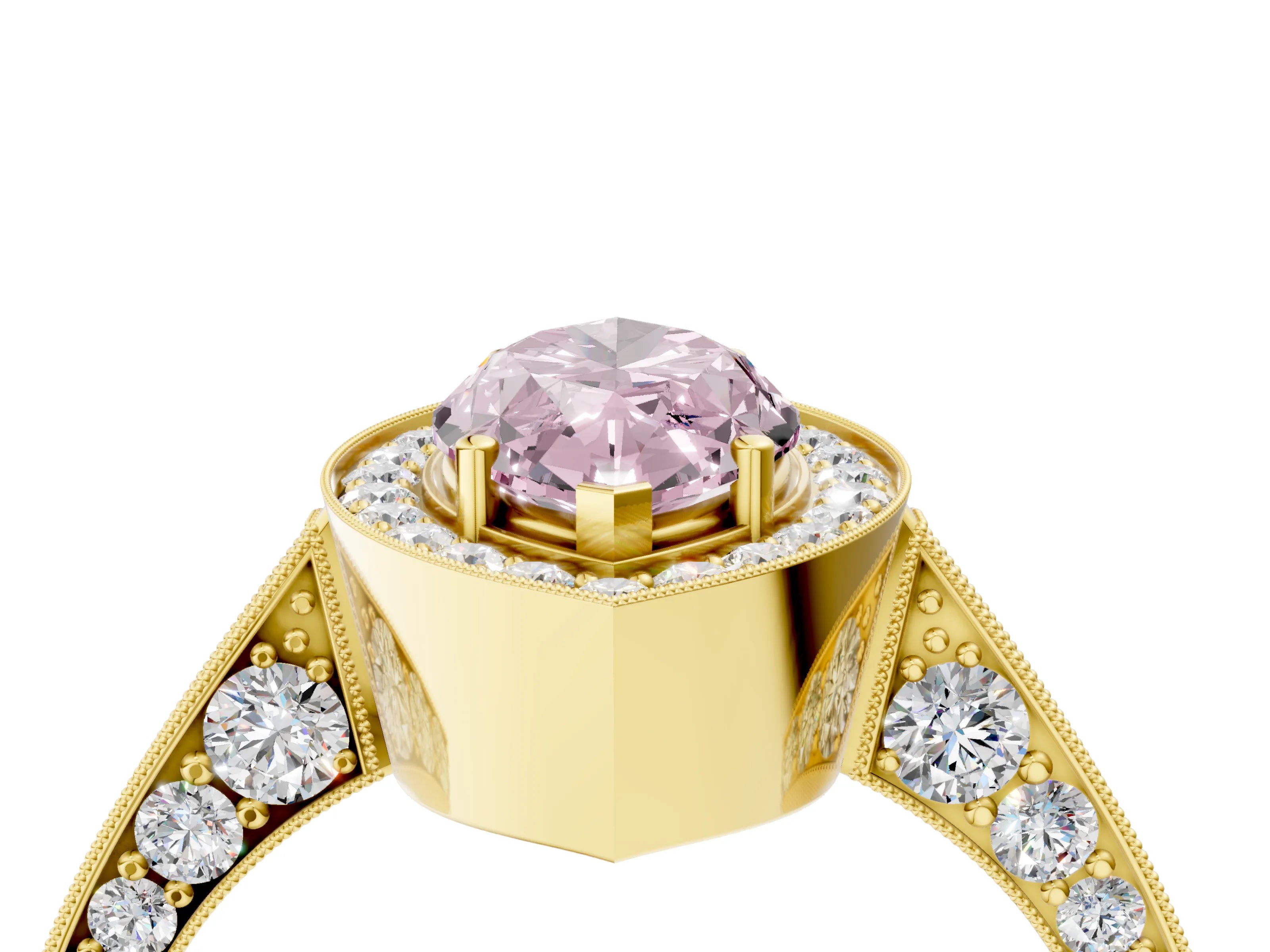 Yellow gold Fancy Pink Marquise Cut Halo Diamond Engagement Ring with Split Shank Band and Four-Prong Setting_4