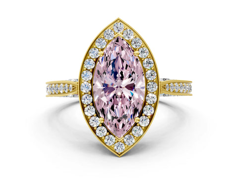 Yellow gold Fancy Pink Marquise Cut Halo Diamond Engagement Ring with Split Shank Band and Four-Prong Setting