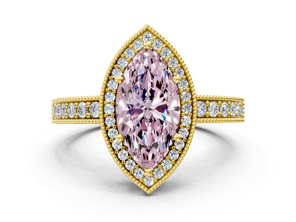 Yellow gold Fancy Pink Marquise  Cut Halo Diamond Pave Band Ring with Four-Prong Setting