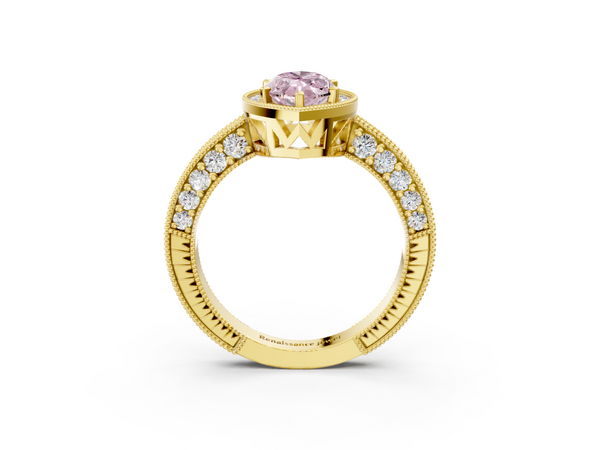 Yellow gold Fancy Pink Marquise  Cut Halo Diamond Pave Band Ring with Four-Prong Setting