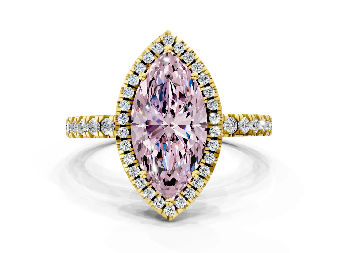 Yellow gold Fancy Pink Marquise Cut Halo Diamond Pave Band with Prong Setting
