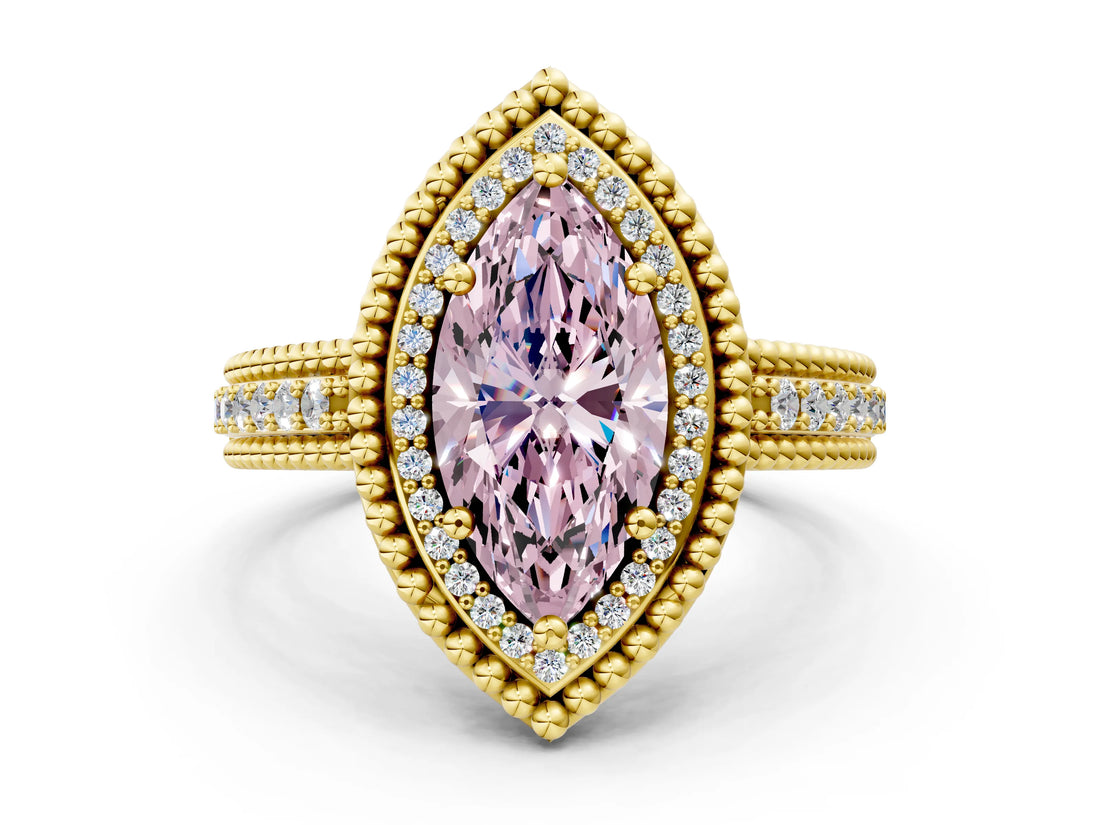 Yellow gold Fancy Pink Marquise Cut Halo Diamond Ring with Beaded Split Shank and Four-Prong Setting