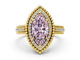 Yellow gold Fancy Pink Marquise Cut Halo Diamond Ring with Beaded Split Shank and Four-Prong Setting