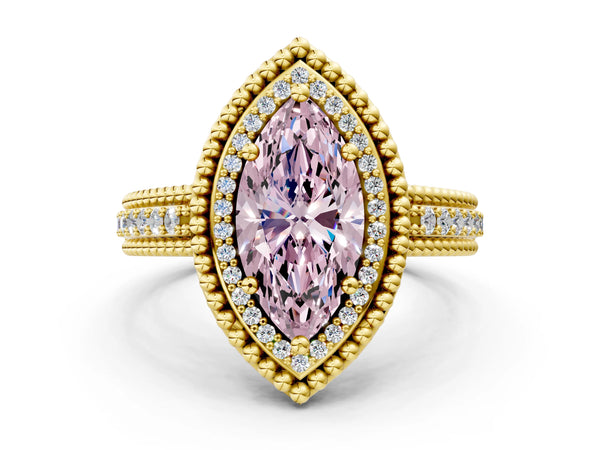 Yellow Gold Marquise Beaded Halo Engagement Ring Setting for Fancy Pink Center with Pave