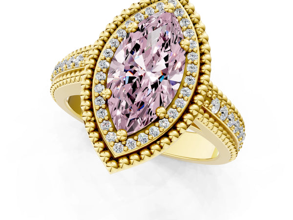 Yellow Gold Marquise Beaded Halo Engagement Ring Setting for Fancy Pink Center with Pave