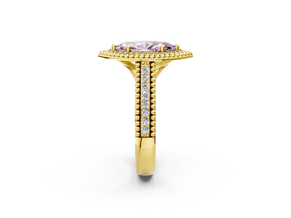 Yellow Gold Marquise Beaded Halo Engagement Ring Setting for Fancy Pink Center with Pave