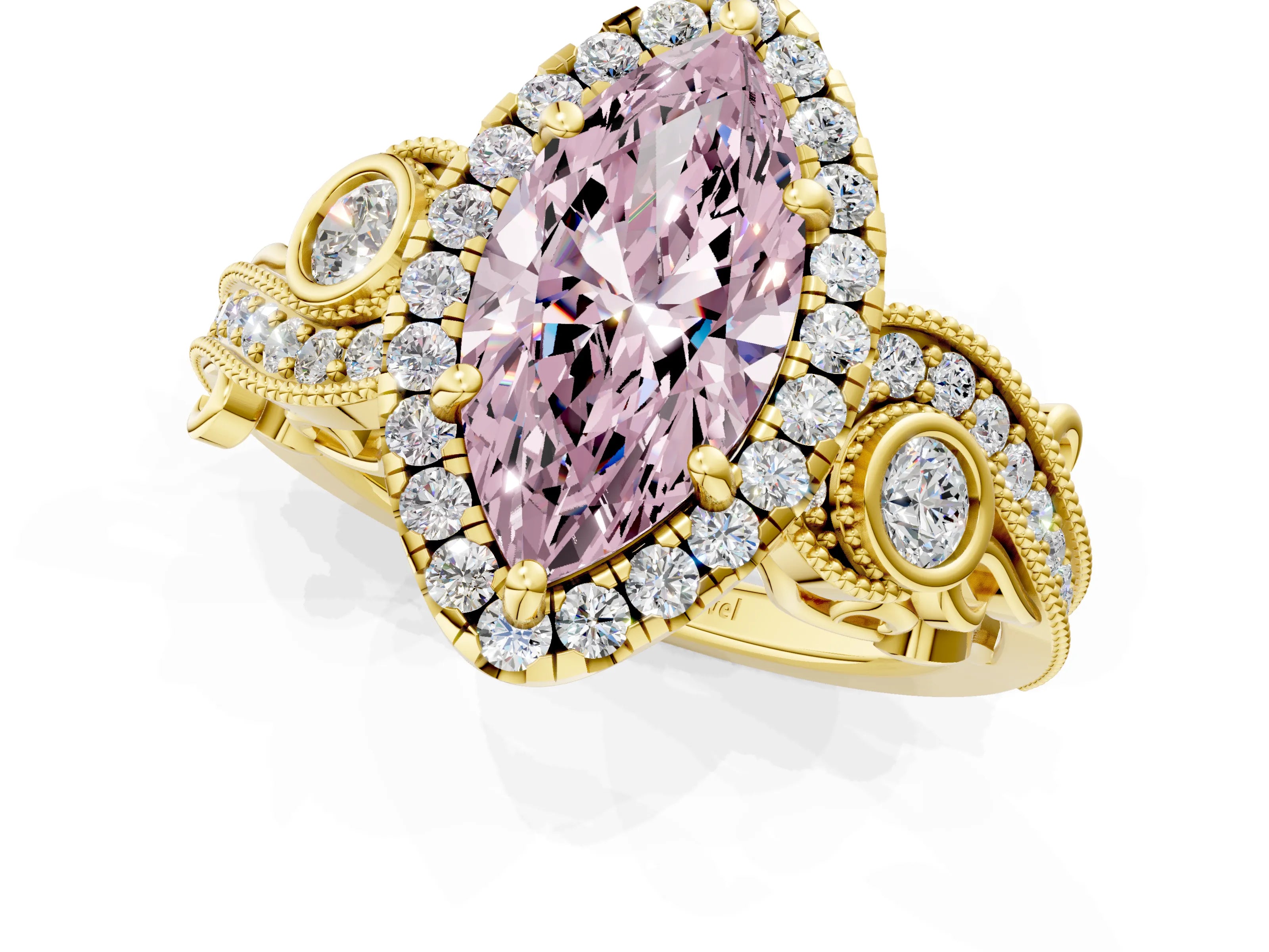 Yellow gold Fancy Pink Marquise Cut Halo Diamond Ring with Milgrain and Bezel Accents on a Split Shank Band_1