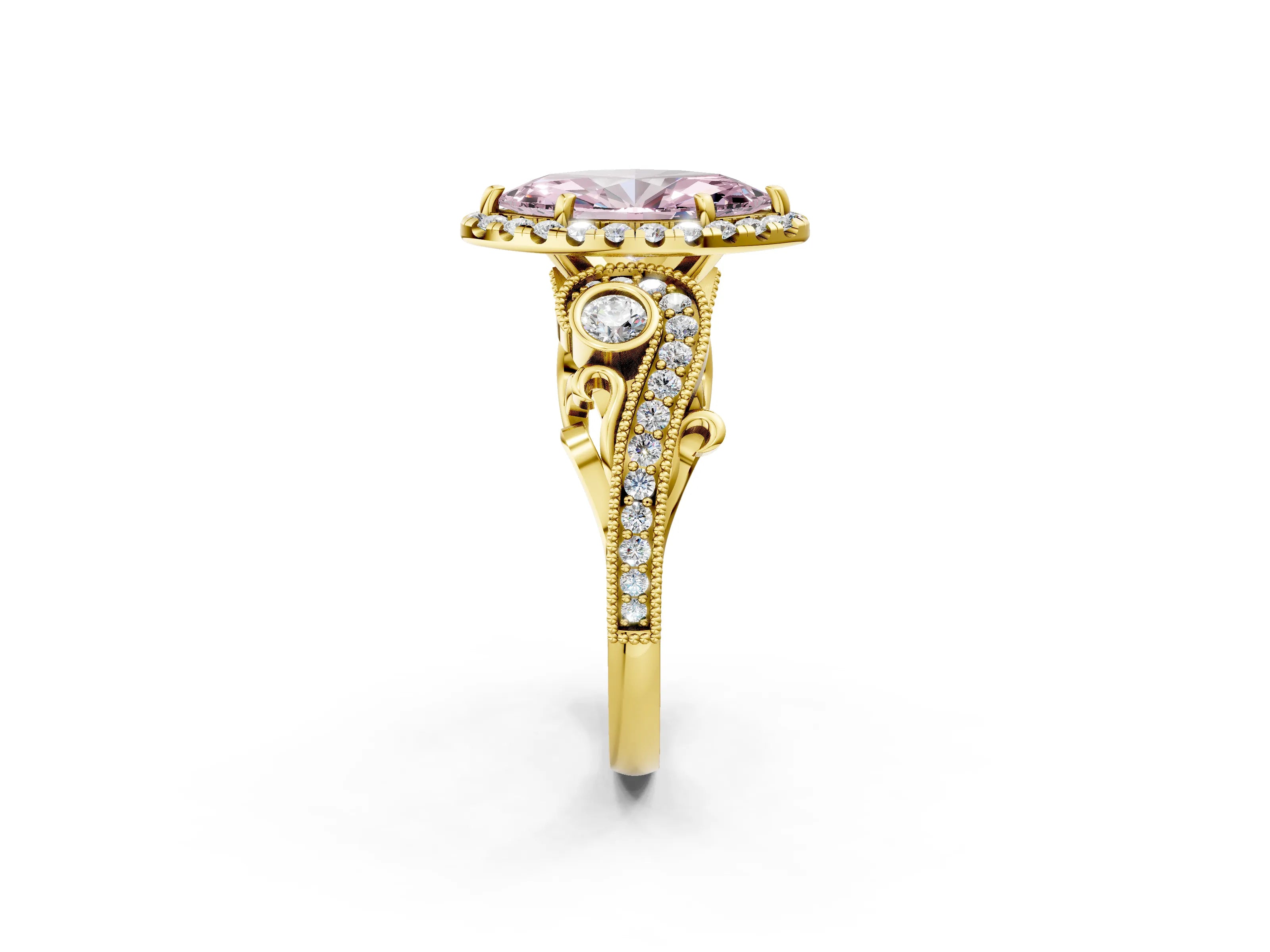 Yellow gold Fancy Pink Marquise Cut Halo Diamond Ring with Milgrain and Bezel Accents on a Split Shank Band_2