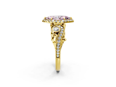 Yellow gold Fancy Pink Marquise Cut Halo Diamond Ring with Milgrain and Bezel Accents on a Split Shank Band_2