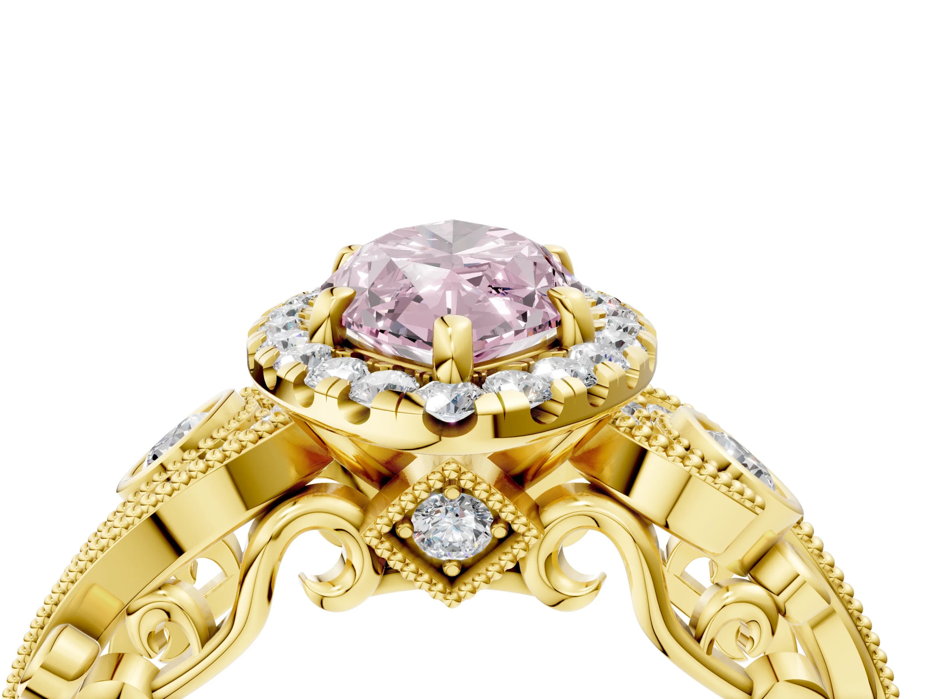 Yellow gold Fancy Pink Marquise Cut Halo Diamond Ring with Milgrain and Bezel Accents on a Split Shank Band_4