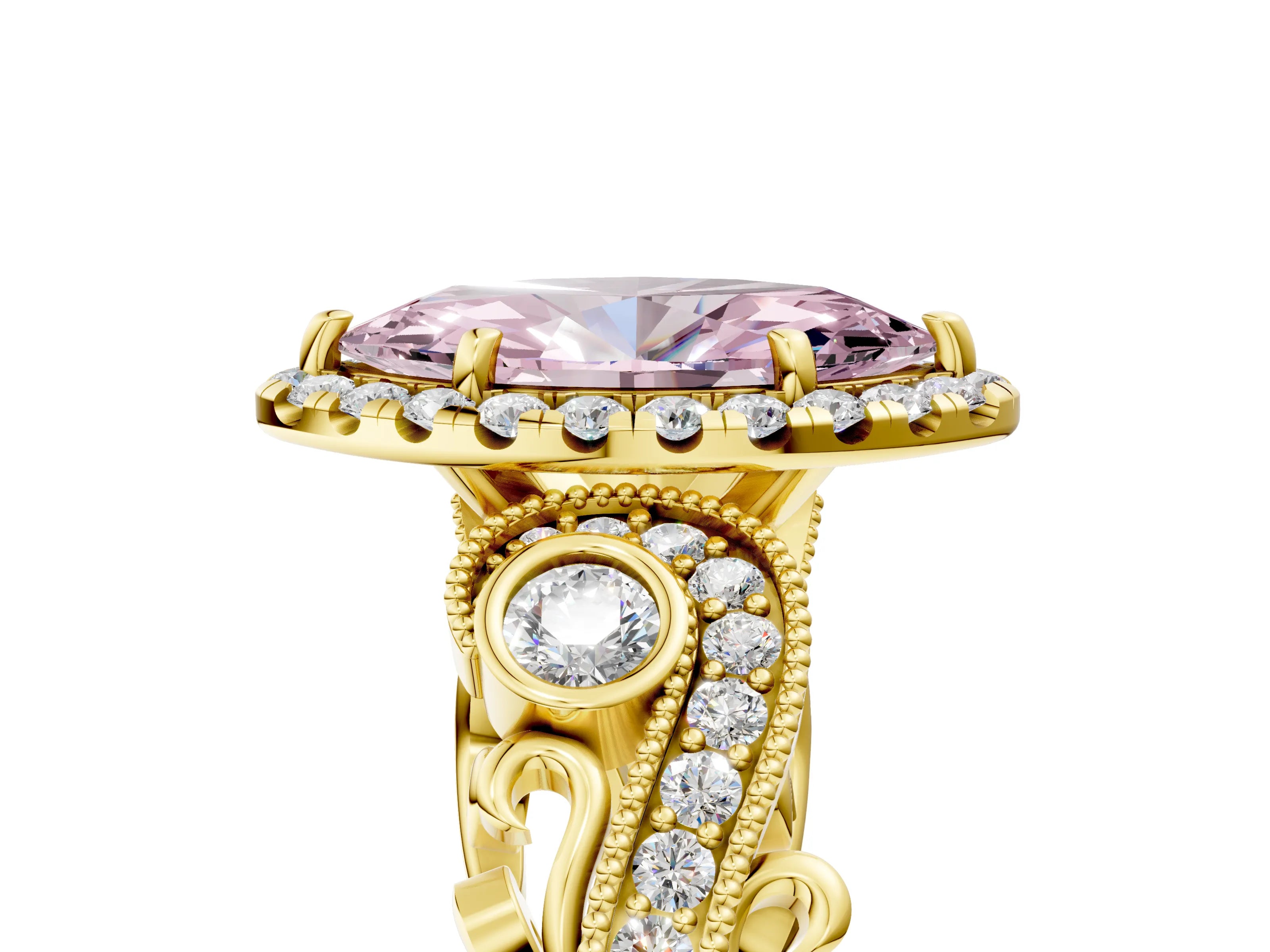 Yellow gold Fancy Pink Marquise Cut Halo Diamond Ring with Milgrain and Bezel Accents on a Split Shank Band_5