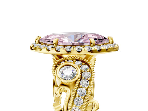 Yellow gold Fancy Pink Marquise Cut Halo Diamond Ring with Milgrain and Bezel Accents on a Split Shank Band_5