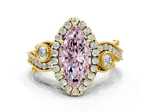 Yellow gold Fancy Pink Marquise Cut Halo Diamond Ring with Milgrain and Bezel Accents on a Split Shank Band