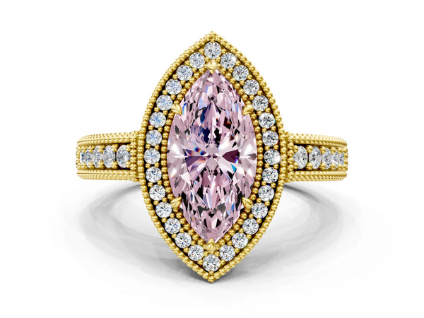 Yellow gold Fancy Pink Marquise  Cut Halo Diamond Ring with Pavé Band and Four-Prong Setting