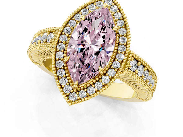 Yellow gold Fancy Pink Marquise  Cut Halo Diamond Ring with Pavé Band and Four-Prong Setting
