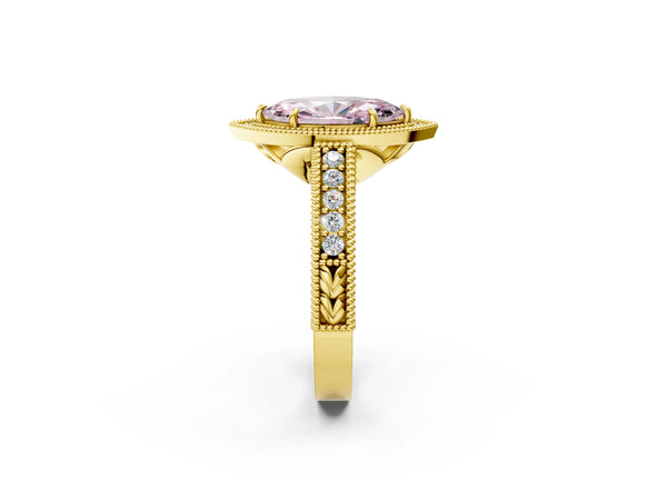 Yellow gold Fancy Pink Marquise  Cut Halo Diamond Ring with Pavé Band and Four-Prong Setting