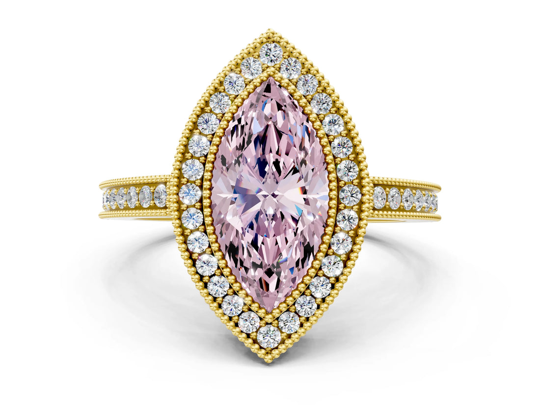 Yellow gold Fancy Pink Marquise  Cut Halo Diamond Ring with Pavé Band and Milgrain Prong Setting_37