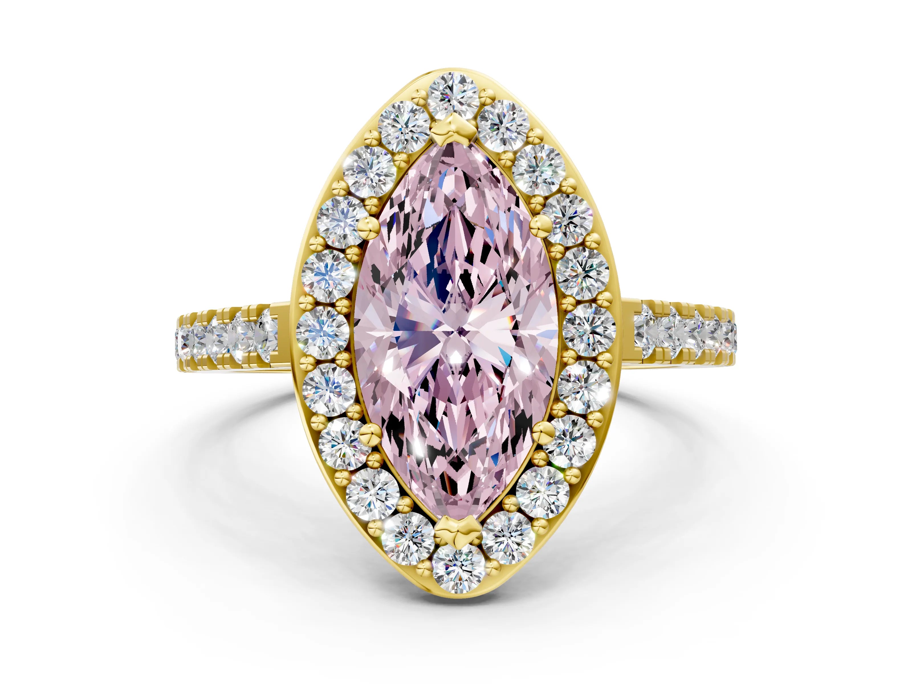 Yellow gold Fancy Pink Marquise Cut Halo Diamond Ring with Pavé Band and Three-Prong Setting