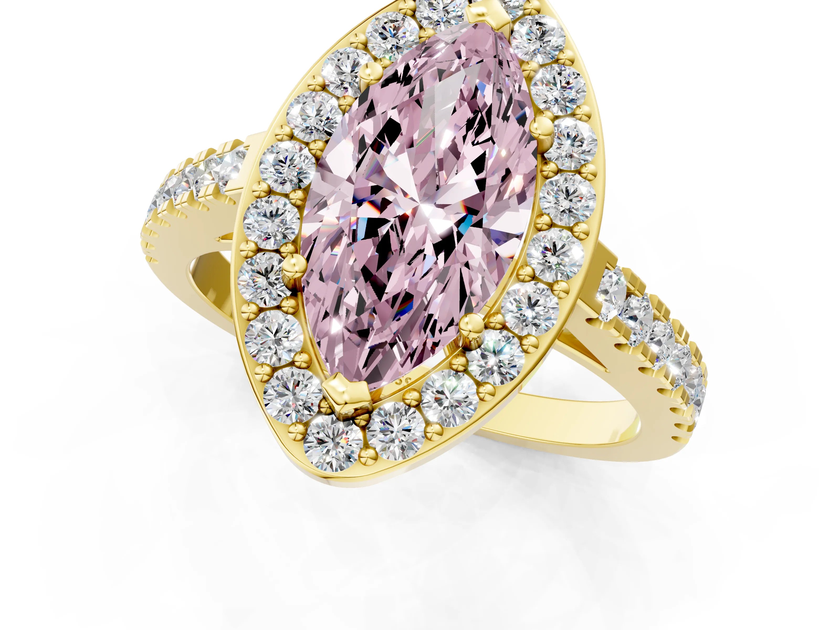 Yellow gold Fancy Pink Marquise Cut Halo Diamond Ring with Pavé Band and Three-Prong Setting_1
