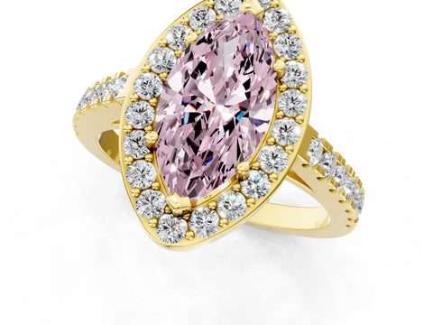 Yellow gold Fancy Pink Marquise Cut Halo Diamond Ring with Pavé Band and Three-Prong Setting_1