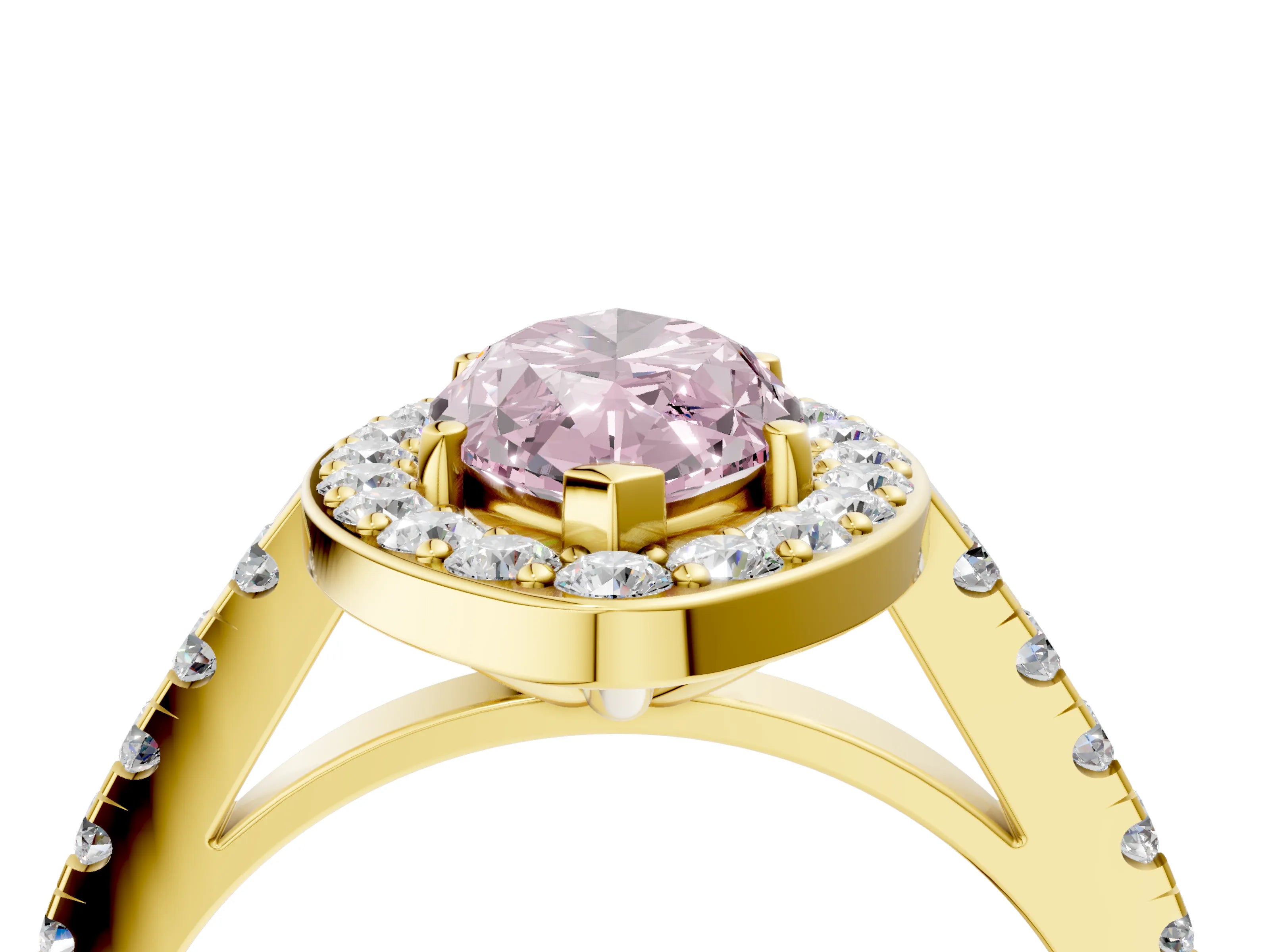 Yellow gold Fancy Pink Marquise Cut Halo Diamond Ring with Pavé Band and Three-Prong Setting_4