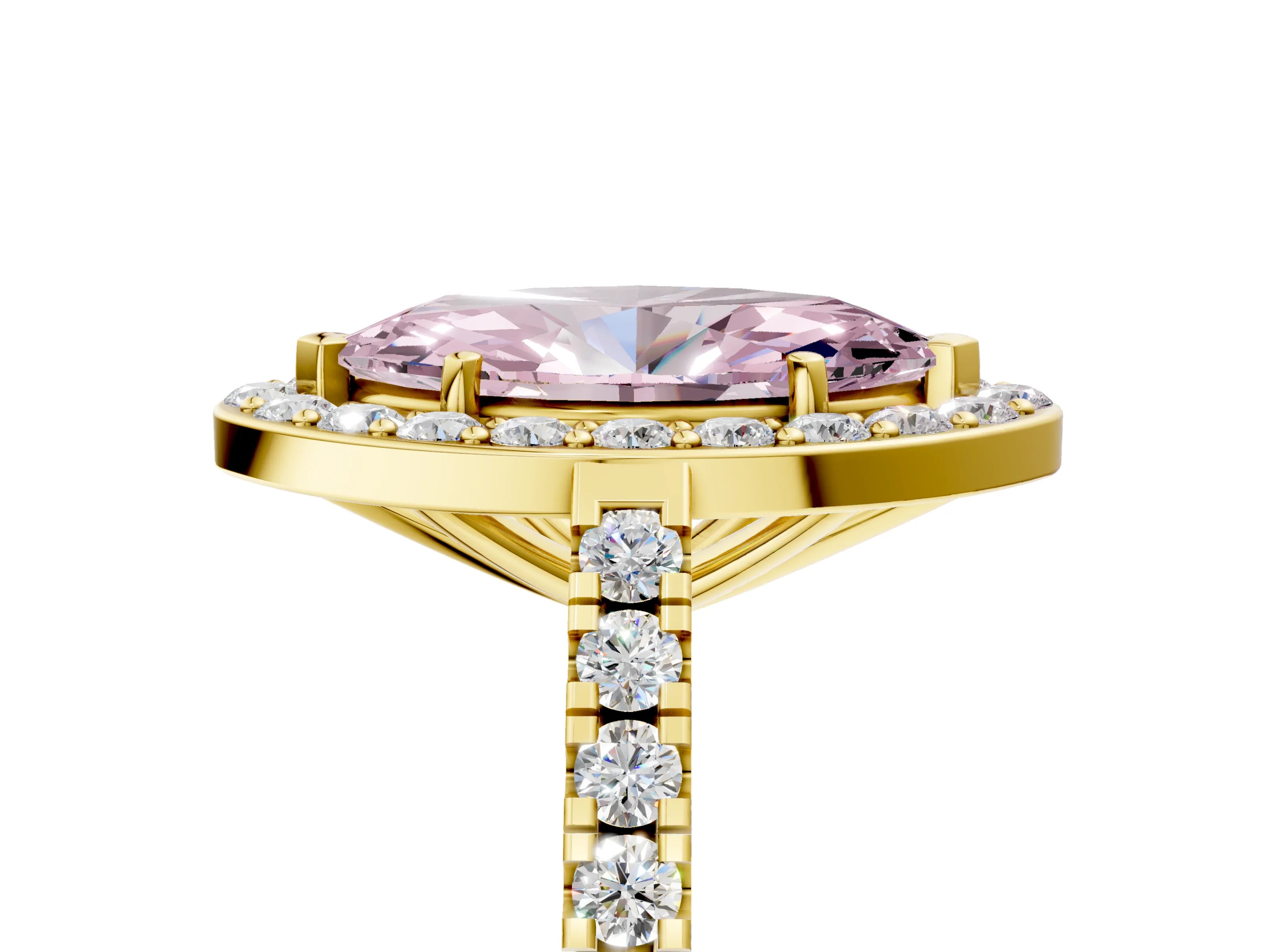 Yellow gold Fancy Pink Marquise Cut Halo Diamond Ring with Pavé Band and Three-Prong Setting_5
